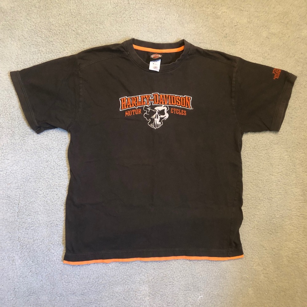 VTG‎ Harley T Shirt Skull Two Tone Black Orange Biker Streetwear Center Hit